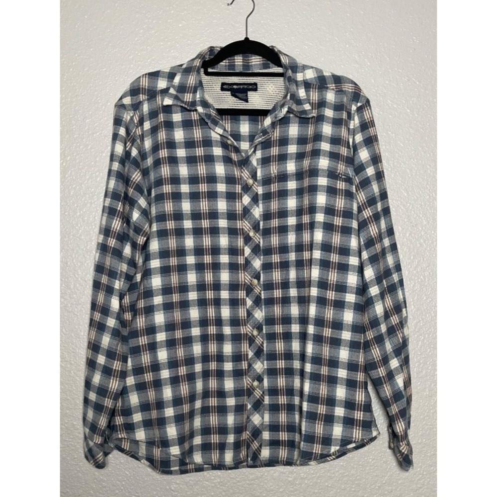 Exofficio Flannel Shirt Men's Size Large Blue Plaid Long‎ Sleeve Outdoor
